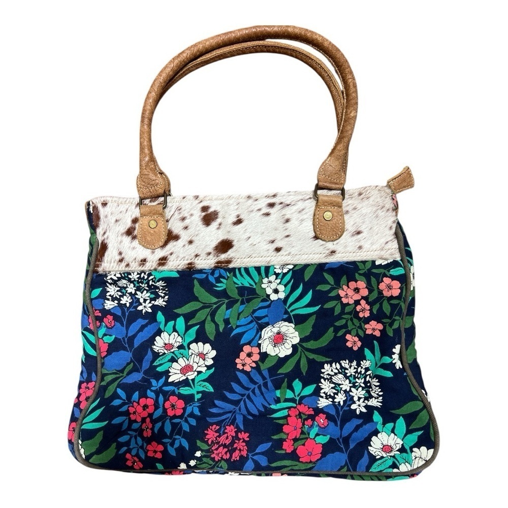 Myra Bag Navy Floral Tote with Brown Handles and Cowhide Trim